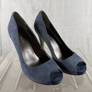 Nine West Suede Peep Toe Heels 7 1/2 M Blue Stiletto Classic Minimalist